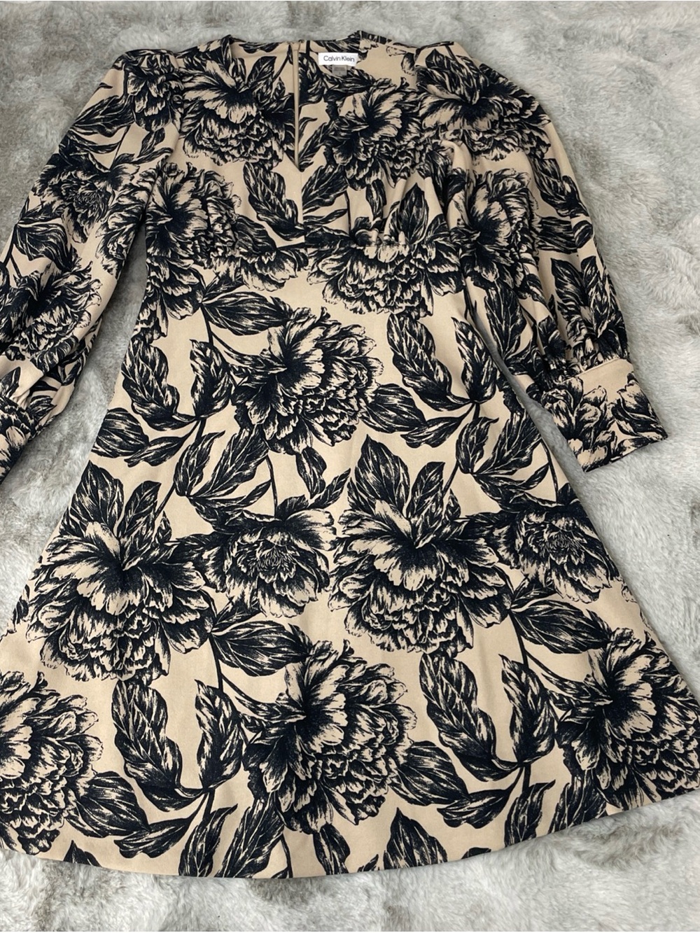 Calvin Klein Black Floral Print on Cream Midi Dress-0293